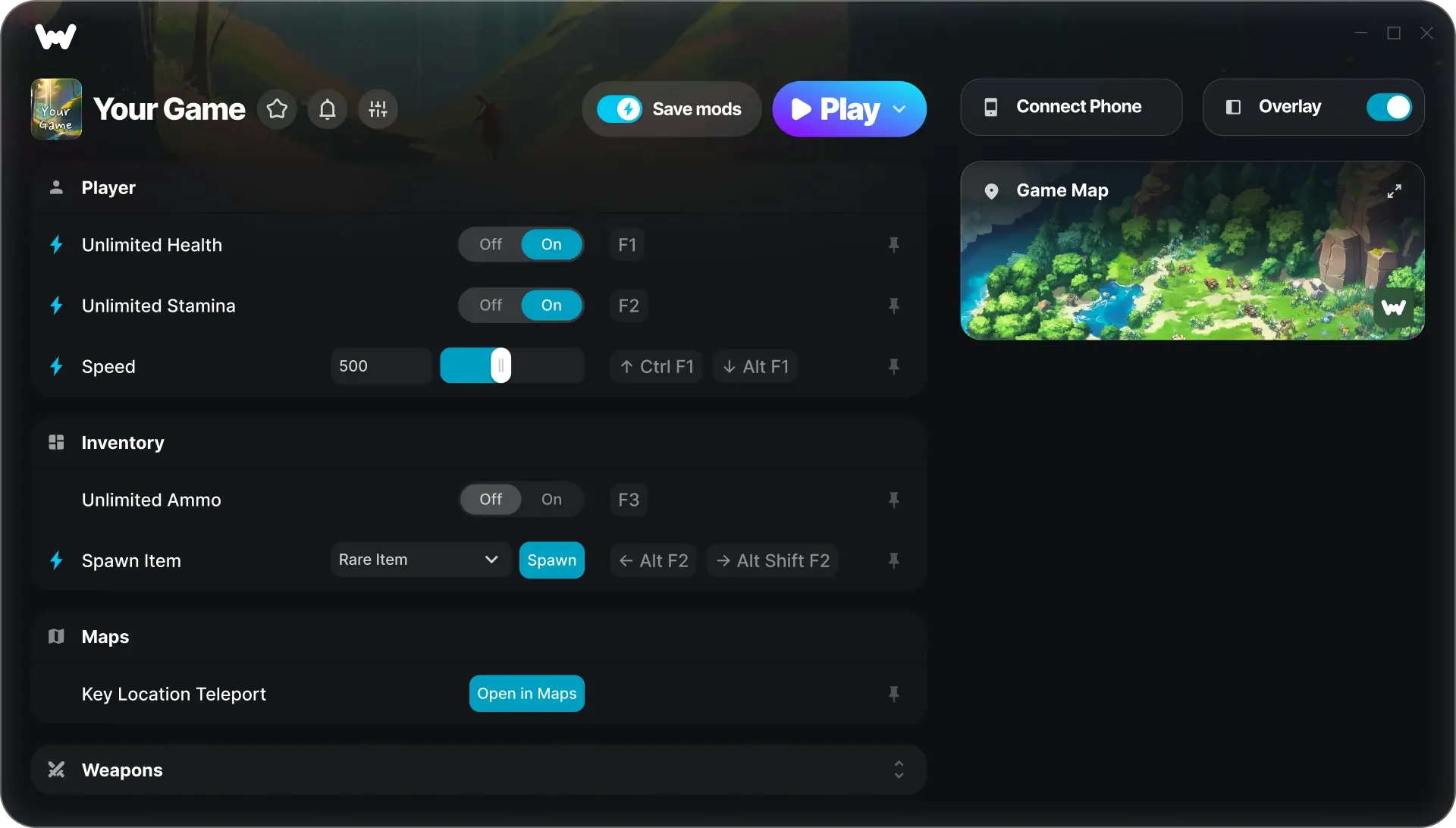 WeMod desktop app library showing supported PC games